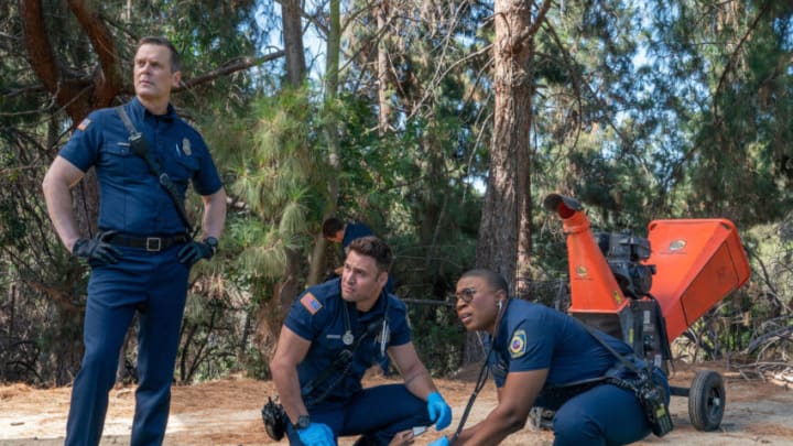 9-1-1: L-R: Peter Krause, Ryan Guzman and Aishia Hinds in the 6'th season premiere of 9-1-1 airing Monday, Sep. 19 (8:00-900 PM ET. On FOX. ©2022 FOX Media LLC. Cr: Jack Zeman /FOX