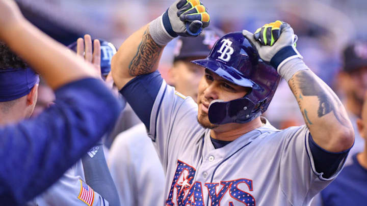 MIAMI, FL - JULY 03: Wilson Ramos #40 of the Tampa Bay Rays celebrates in the dugout after hitting a two run homerun in the first inning against the Miami Marlins at Marlins Park on July 3, 2018 in Miami, Florida. (Photo by Mark Brown/Getty Images)