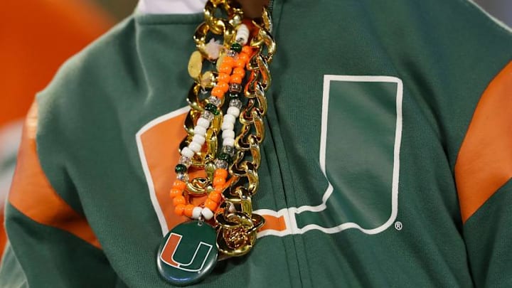 CHARLOTTE, NC - DECEMBER 02: A Miami fan wears his version of the turnover chain before the ACC Football Championship at Bank of America Stadium on December 2, 2017 in Charlotte, North Carolina. (Photo by Streeter Lecka/Getty Images)