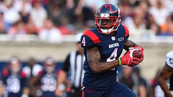 MONTREAL, QC - AUGUST 02: Wide receiver Quan Bray #4 of the Montreal Alouettes runs the ball against the Ottawa Redblacks during the CFL game at Percival Molson Stadium on August 2, 2019 in Montreal, Quebec, Canada. The Ottawa Redblacks defeated the Montreal Alouettes 30-27. (Photo by Minas Panagiotakis/Getty Images)