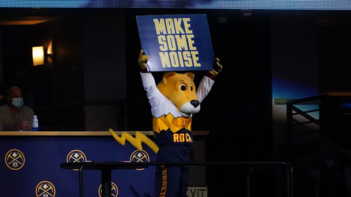 Apr 9, 2021; Denver, Colorado, USA; Denver Nuggets mascot Rocky performs in the fourth quarter against the San Antonio Spurs at Ball Arena. Mandatory Credit: Ron Chenoy-USA TODAY Sports