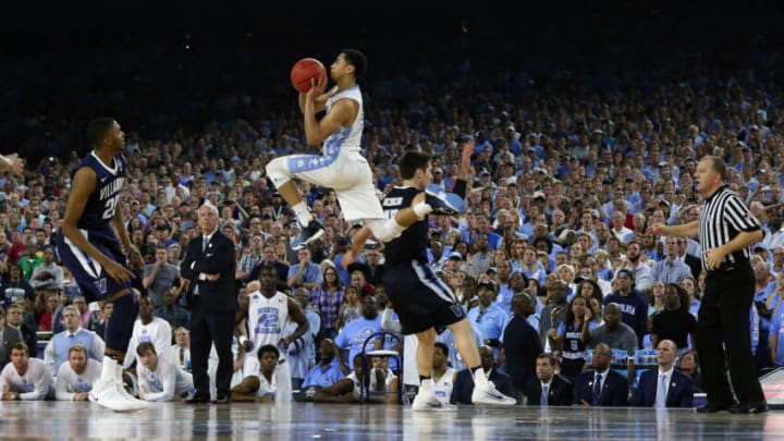 Apr 4, 2016; Houston, TX, USA; North Carolina Tar Heels guard Marcus Paige (5) hits a three point shot with 4.7 seconds over Villanova Wildcats guard Ryan Arcidiacono (15) in the championship game of the 2016 NCAA Men's Final Four at NRG Stadium. Mandatory Credit: Bob Donnan-USA TODAY Sports