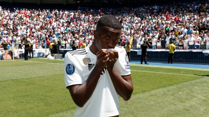 MADRID, SPAIN - JULY 20: Vinicius Jr of Real Madrid poses during his official presentation at Santiago Bernabeu stadium on July 20, 2018 in Madrid, Spain. (Photo by Helios de la Rubia/Real Madrid via Getty Images)