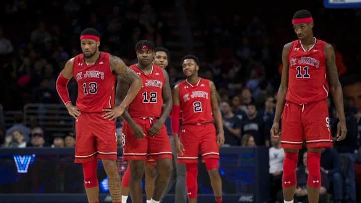 PHILADELPHIA, PA - FEBRUARY 7: Marvin Clark II #13, Bryan Trimble Jr. #12, Justin Simon #5, Shamorie Ponds #2, and Tariq Owens #11 of the St. John's Red Storm look on against the Villanova Wildcats at the Wells Fargo Center on February 7, 2018 in Philadelphia, Pennsylvania. (Photo by Mitchell Leff/Getty Images)