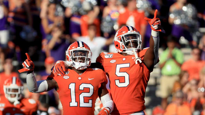 CLEMSON, SOUTH CAROLINA – SEPTEMBER 07: Teammates K’Von Wallace #12 and K.J. Henry #5 of the Clemson Tigers react after a defensive stop against the Texas A&M Aggies during their game at Memorial Stadium on September 07, 2019 in Clemson, South Carolina. (Photo by Streeter Lecka/Getty Images)