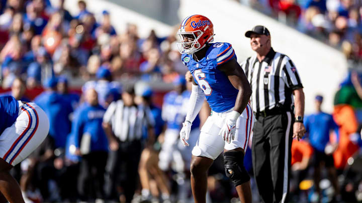 Florida Gators linebacker Shemar James (6) looks at the quarterback during the first half against the Georgia Bulldogs at Everbank Stadium in Jacksonville, FL on Saturday, October 28, 2023. [Matt Pendleton/Gainesville Sun]