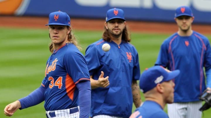 Oct 4, 2016; New York, NY, USA; New York Mets pitcher Noah Syndergaard (34) works out the day before the National League Wild Card game against the San Francisco Giants at Citi Field. Mandatory Credit: Chris Pedota/The Record via USA TODAY NETWORK