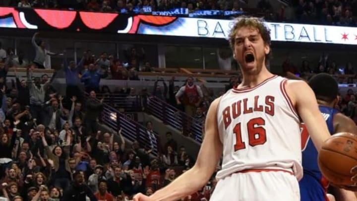 Apr 3, 2015; Chicago, IL, USA; Chicago Bulls forward Pau Gasol (16) reacts after scoring against the Detroit Pistons during the second half at the United Center. The Chicago Bulls defeated the Detroit Pistons 88-82. Mandatory Credit: David Banks-USA TODAY Sports