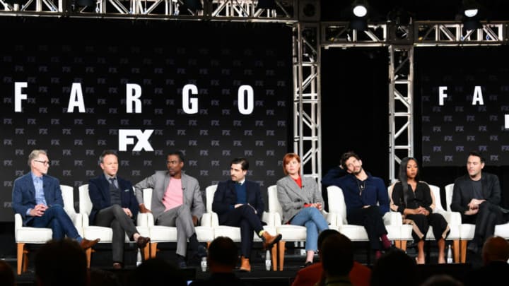 PASADENA, CALIFORNIA - JANUARY 09: (L-R) Warren Littlefield, Noah Hawley, Chris Rock, Jason Schwartzman, Jessie Buckley, Ben Whishaw, Emyri Crutchfield, and Jack Huston of 'Fargo' speak during the FX segment of the 2020 Winter TCA Tour at The Langham Huntington, Pasadena on January 09, 2020 in Pasadena, California. (Photo by Amy Sussman/Getty Images)