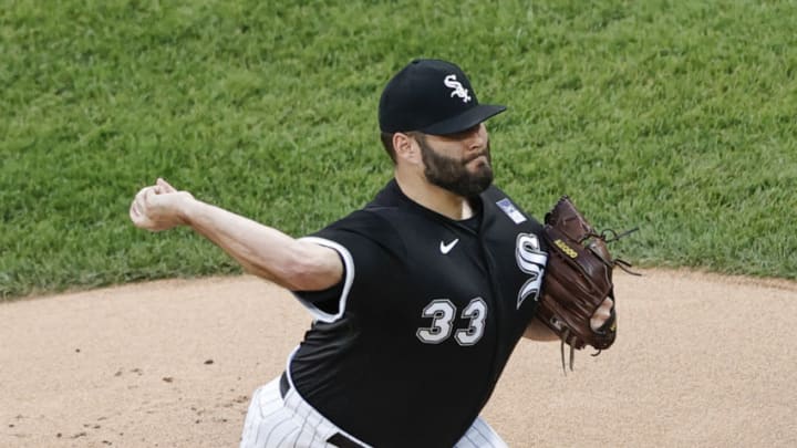 Jun 3, 2021; Chicago, Illinois, USA; Chicago White Sox starting pitcher Lance Lynn (33) delivers against the Detroit Tigers during the first inning at Guaranteed Rate Field. Mandatory Credit: Kamil Krzaczynski-USA TODAY Sports