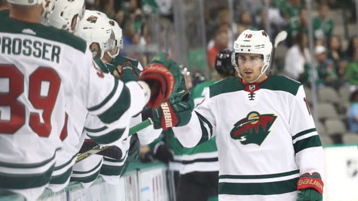 DALLAS, TX - SEPTEMBER 24: Matt Read #10 of the Minnesota Wild celebrates a goal against the Dallas Stars during a preseason game at American Airlines Center on September 24, 2018 in Dallas, Texas. (Photo by Ronald Martinez/Getty Images)