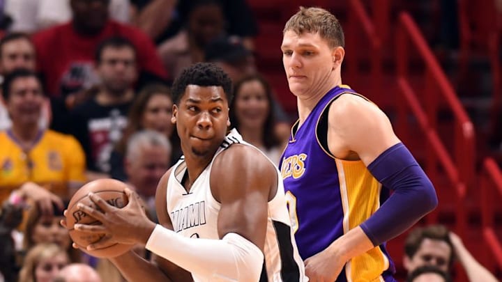 Dec 22, 2016; Miami, FL, USA; Miami Heat center Hassan Whiteside (21) is pressured by Los Angeles Lakers center Timofey Mozgov (20) during the first half at American Airlines Arena. Mandatory Credit: Steve Mitchell-USA TODAY Sports Dec 22, 2016; Miami, FL, USA; Miami Heat center Hassan Whiteside (21) is pressured by Los Angeles Lakers center Timofey Mozgov (20) during the first half at American Airlines Arena. Mandatory Credit: Steve Mitchell-USA TODAY Sports