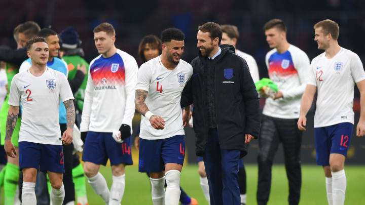 AMSTERDAM, NETHERLANDS – MARCH 23: Kyle Walker of England and Gareth Southgate manager of England smile after the international friendly match between Netherlands and England at Johan Cruyff Arena on March 23, 2018 in Amsterdam, Netherlands. (Photo by Shaun Botterill/Getty Images)