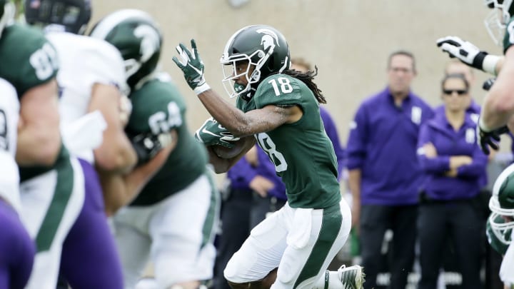 EAST LANSING, MI – OCTOBER 6: Wide receiver Felton Davis III #18 of the Michigan State Spartans carries the ball against the Northwestern Wildcats during the first half at Spartan Stadium on October 6, 2018 in East Lansing, Michigan. (Photo by Duane Burleson/Getty Images)