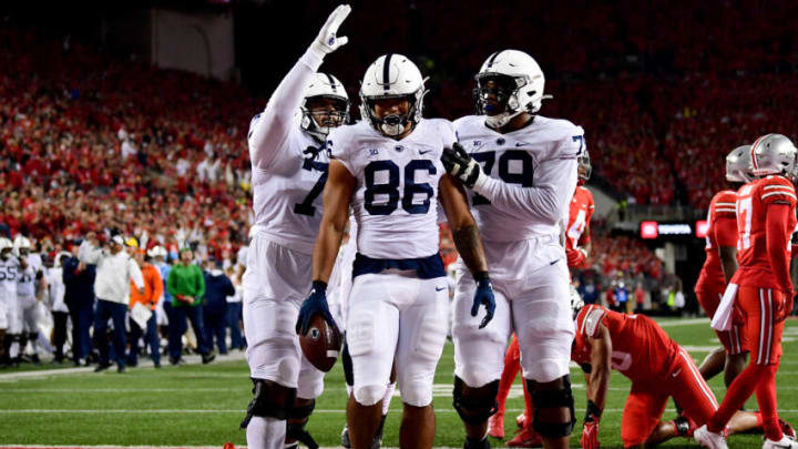 COLUMBUS, OHIO - OCTOBER 30: Brenton Strange #86 of the Penn State Nittany Lions celebrates his touchdown against the Ohio State Buckeyes during the first half of their game at Ohio Stadium on October 30, 2021 in Columbus, Ohio. (Photo by Emilee Chinn/Getty Images)