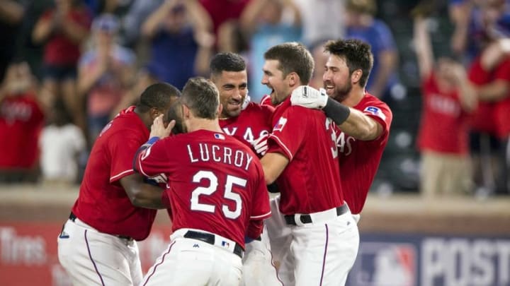 Sep 19, 2016; Arlington, TX, USA; The Texas Rangers celebrate the walk-off win over the Los Angeles Angels at Globe Life Park in Arlington. The Rangers defeat the Angels 3-2. Mandatory Credit: Jerome Miron-USA TODAY Sports
