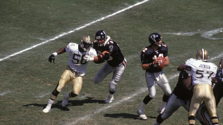ATLANTA, GA – SEPTEMBER 29: Linebacker Pat Swilling #56 of the New Orleans Saints tries to beat tackle Mike Kenn #78 of the Atlanta Falcons in an NFL game at the Fulton County Stadium on September 29, 1991 in Atlanta, Georgia. The Saints defeated the Falcons 27-6. (Photo by Gin Ellis/Getty Images)