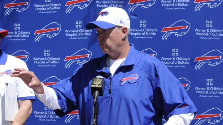 Jul 31, 2015; Pittsford, NY, USA; Buffalo Bills head coach Rex Ryan speaks to the media after a practice session during training camp at St. John Fisher College. Mandatory Credit: Mark Konezny-USA TODAY Sports