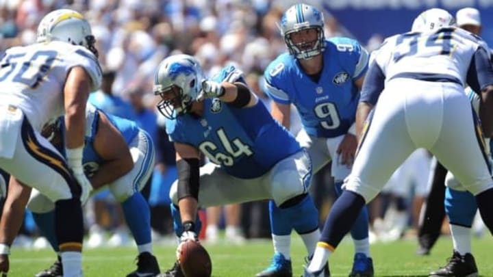 Sep 13, 2015; San Diego, CA, USA; Detroit Lions center Travis Swanson (64) points out a defensive player during the game against the San Diego Chargers at Qualcomm Stadium. San Diego won 33-28. Mandatory Credit: Orlando Ramirez-USA TODAY Sports