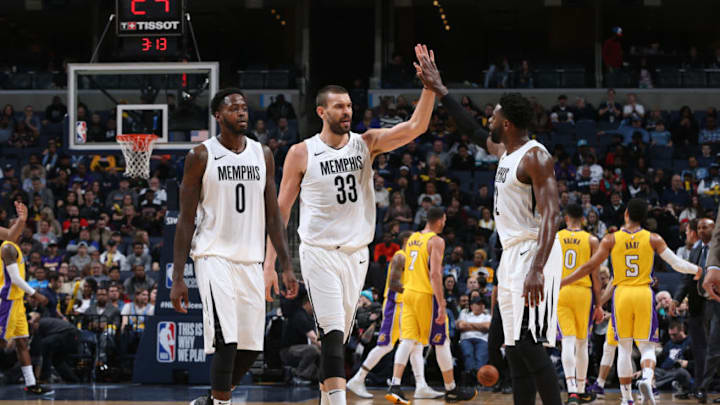 MEMPHIS, TN - JANUARY 15: Marc Gasol #33 and Tyreke Evans #12 of the Memphis Grizzlies exchange high fives during the game against the Los Angeles Lakers on January 15, 2018 at FedExForum in Memphis, Tennessee. NOTE TO USER: User expressly acknowledges and agrees that, by downloading and or using this photograph, User is consenting to the terms and conditions of the Getty Images License Agreement. Mandatory Copyright Notice: Copyright 2018 NBAE (Photo by Joe Murphy/NBAE via Getty Images)