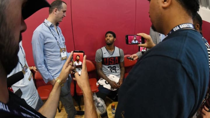 LAS VEGAS, NV - JULY 27: Paul George #39 of the United States is interviewed after a practice session at the 2018 USA Basketball Men's National Team minicamp at the Mendenhall Center at UNLV on July 27, 2018 in Las Vegas, Nevada. (Photo by Ethan Miller/Getty Images)