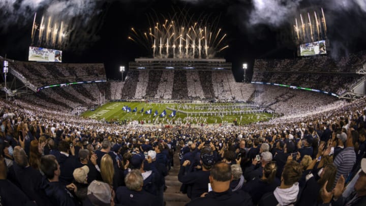 STATE COLLEGE, PA - OCTOBER 02: A general view as fireworks explode before the stripe out game between the Penn State Nittany Lions and the Indiana Hoosiers at Beaver Stadium on October 2, 2021 in State College, Pennsylvania. (Photo by Scott Taetsch/Getty Images)