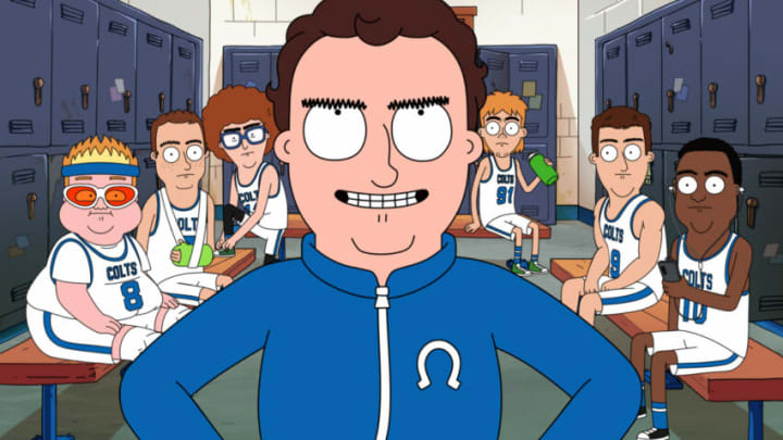 HOOPS (L to R) Steve Berg as DJ, Gil Ozeri as Isaac, Jake Johnson as Coach Ben Hopkins, Ben Hoffman as Timebomb, Nick Swardson as Scott, and Sam Richardson as Marcus in episode 5 of HOOPS. Cr. NETFLIX © 2020