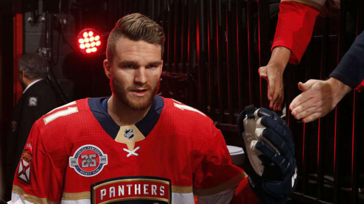 SUNRISE, FL - FEBRUARY 12: Jonathan Huberdeau #11 of the Florida Panthers is greeted by fans on the way out to the ice for warm ups prior to the start of the game against the Dallas Stars at the BB&T Center on February 12, 2019 in Sunrise, Florida. (Photo by Eliot J. Schechter/NHLI via Getty Images)