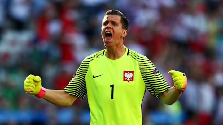 NICE, FRANCE - JUNE 12: Wojciech Szczesny of Poland celebrates his team's first goal during the UEFA EURO 2016 Group C match between Poland and Northern Ireland at Allianz Riviera Stadium on June 12, 2016 in Nice, France. (Photo by Lars Baron/Getty Images)