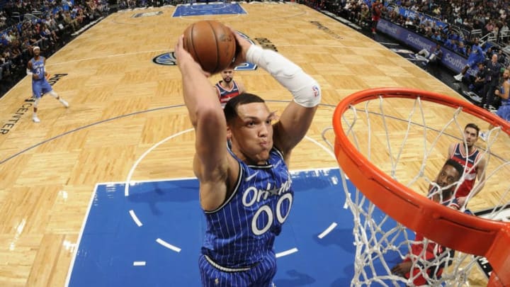 ORLANDO, FL - NOVEMBER 9: Aaron Gordon #00 of the Orlando Magic dunks the ball against the Washington Wizards on November 9, 2018 at Amway Center in Orlando, Florida. NOTE TO USER: User expressly acknowledges and agrees that, by downloading and/or using this Photograph, user is consenting to the terms and conditions of the Getty Images License Agreement. Mandatory Copyright Notice: Copyright 2018 NBAE (Photo by Fernando Medina/NBAE via Getty Images)