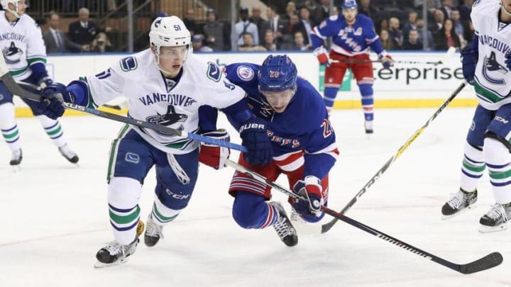 Nov 8, 2016; New York, NY, USA; Vancouver Canucks defenseman Troy Stecher (51) battles New York Rangers left wing Jimmy Vesey (26) for the puck during the second period at Madison Square Garden. Mandatory Credit: Anthony Gruppuso-USA TODAY Sports