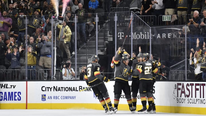 LAS VEGAS, NEVADA – OCTOBER 12: Mark Stone #61 of the Vegas Golden Knights celebrates after scoring a goal during the second period against the Calgary Flames at T-Mobile Arena on October 12, 2019 in Las Vegas, Nevada. (Photo by Jeff Bottari/NHLI via Getty Images)