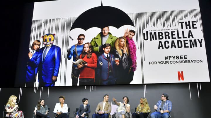 LOS ANGELES, CALIFORNIA - MAY 11: Laura Prudom, Ellen Page, Emmy Raver-Lampman, Aidan Gallagher, Tom Hopper, Robert Sheehan, Mary J. Blige and Cameron Britton speak onstage at Netflix's 'Umbrella Academy' Screening at Raleigh Studios on May 11, 2019 in Los Angeles, California. (Photo by Emma McIntyre/Getty Images for Netflix)