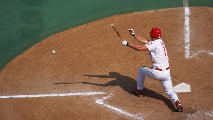 16 Apr 2000: Scott Rolen #17 of the Philadelphia Phillies hits the ball during the game against the Montreal Expos at the Veterans Stadium in Philadelphia, Pennsylvania. The Phillies defeated the Expos 5-4.