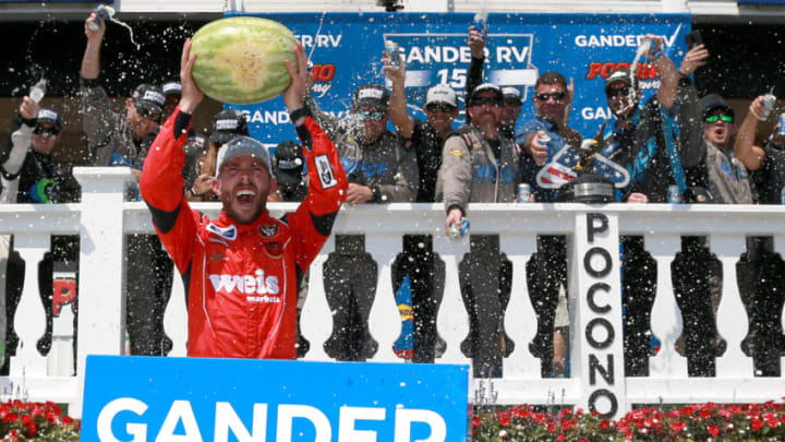 LONG POND, PENNSYLVANIA - JULY 27: Ross Chastain, driver of the #45 Niece/Acurlite Chevrolet, celebrates in Victory Lane after winning the NASCAR Gander Outdoors Truck Series Gander RV 150 at Pocono Raceway on July 27, 2019 in Long Pond, Pennsylvania. (Photo by Sean Gardner/Getty Images)