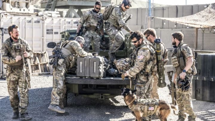 "In The Blind" -- Bravo Team gets ambushed by enemy forces during a mission to extract a potential link to a new terrorist leader. Also, Sonny considers planting roots in his hometown, on SEAL TEAM, Wednesday, April 22 (9:01-10:00 PM, ET/PT) on the CBS Television Network. Pictured L to R: Tyler Grey as Trent Sawyer, Scott Foxx as Full Metal, Neil Brown Jr. as Ray Perry, Tim Chiou as Michael "Dirty Mike" Chen, Justin Melnick as Brock Reynolds, David Boreanaz as Jason Hayes, and Max Thieriot as Clay Spenser. Photo: Erik Voake/CBS ©2020 CBS Broadcasting, Inc. All Rights Reserved.