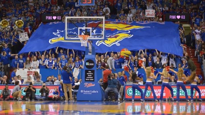 Feb 2, 2015; Lawrence, KS, USA; The Kansas Jayhawks fans cheer from the stands during the second half against the Iowa State Cyclones at Allen Fieldhouse. The Jawhawks won 89-76. Mandatory Credit: Denny Medley-USA TODAY Sports