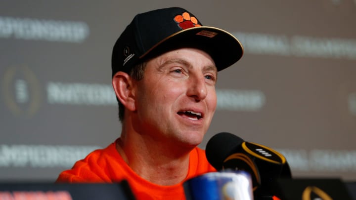 TAMPA, FL – JANUARY 09: Head coach Dabo Swinney of the Clemson Tigers speaks during a press conference after defeating the Alabama Crimson Tide 35-31 to win the 2017 College Football Playoff National Championship Game at Raymond James Stadium on January 9, 2017 in Tampa, Florida. (Photo by Brian Blanco/Getty Images)