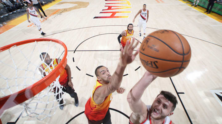 SALT LAKE CITY, UT - FEBRUARY 23: Jusuf Nurkic #27 of the Portland Trail Blazers dunks against the Utah Jazz on February 23, 2018 at vivint.SmartHome Arena in Salt Lake City, Utah. NOTE TO USER: User expressly acknowledges and agrees that, by downloading and or using this Photograph, User is consenting to the terms and conditions of the Getty Images License Agreement. Mandatory Copyright Notice: Copyright 2018 NBAE (Photo by Melissa Majchrzak/NBAE via Getty Images)