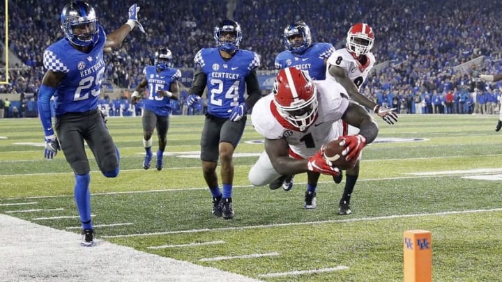 Nov 5, 2016; Lexington, KY, USA; Georgia Bulldogs running back Sony Michel (1) dives for a touch down against the Kentucky Wildcats in the second half at Commonwealth Stadium. Georgia defeated Kentucky 27-24. Mandatory Credit: Mark Zerof-USA TODAY Sports