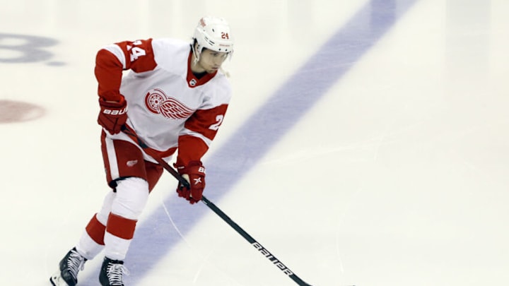 Mar 27, 2022; Pittsburgh, Pennsylvania, USA; Detroit Red Wings center Pius Suter (24) warms up before the game against the Pittsburgh Penguins at PPG Paints Arena. Mandatory Credit: Charles LeClaire-USA TODAY Sports