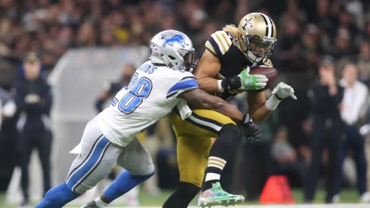 Dec 4, 2016; New Orleans, LA, USA; New Orleans Saints wide receiver Willie Snead (83) is tackled by Detroit Lions cornerback Quandre Diggs (28) after catching a pass during the second half at Mercedes-Benz Superdome. Detroit defeated New Orleans 28-13. Mandatory Credit: Crystal LoGiudice-USA TODAY Sports
