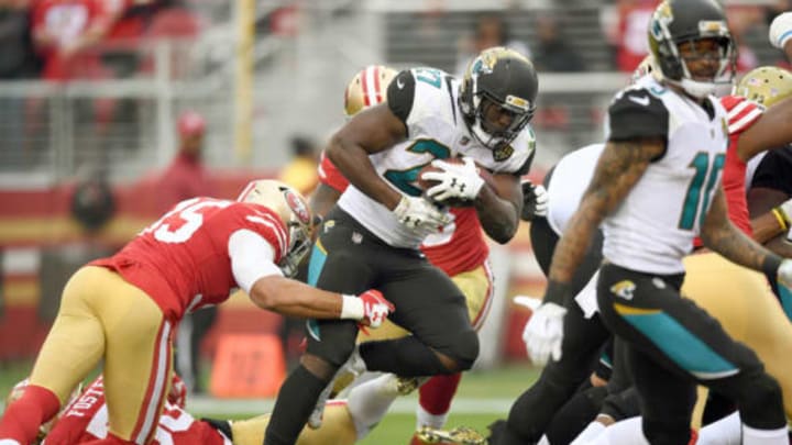 SANTA CLARA, CA – DECEMBER 24: Leonard Fournette #27 of the Jacksonville Jaguars carries the ball for a 1-yard touchdown run against the San Francisco 49ers during their NFL football game at Levi’s Stadium on December 24, 2017 in Santa Clara, California. (Photo by Thearon W. Henderson/Getty Images)