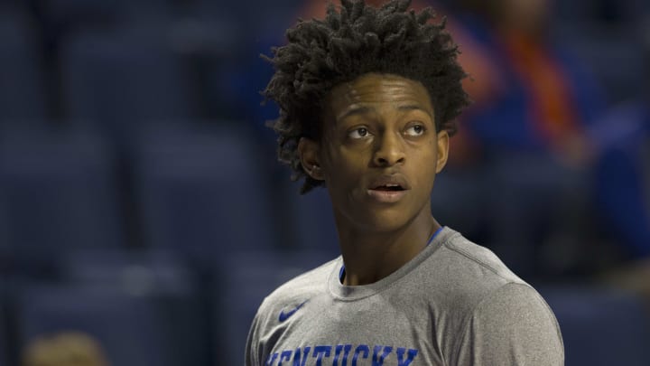 Feb 4, 2017; Gainesville, FL, USA; Kentucky Wildcats guard De’Aaron Fox (0) works out prior to the game against the Florida Gators at Exactech Arena at the Stephen C. O’Connell Center. Mandatory Credit: Kim Klement-USA TODAY Sports