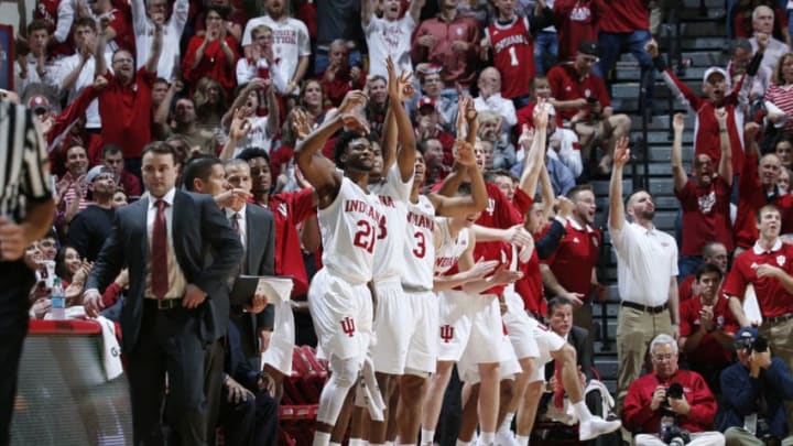 BLOOMINGTON, IN - NOVEMBER 29: Indiana Hoosiers players react from the bench in the second half of a game against the Duke Blue Devils at Assembly Hall on November 29, 2017 in Bloomington, Indiana. Duke won 91-81. (Photo by Joe Robbins/Getty Images)