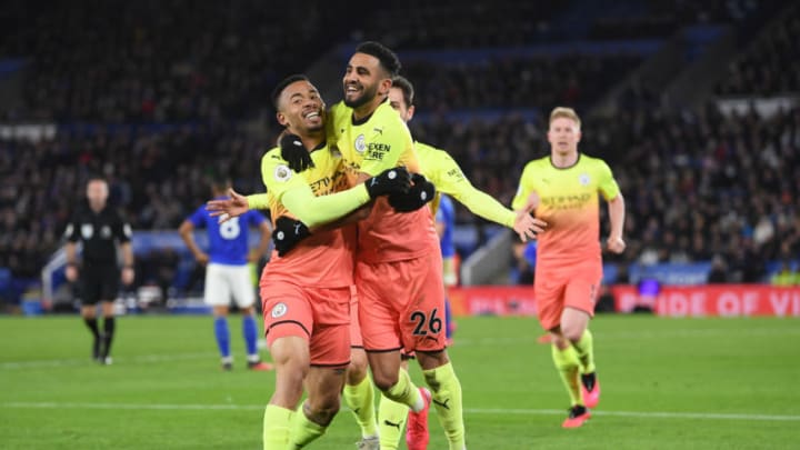 LEICESTER, ENGLAND - FEBRUARY 22: Gabriel Jesus of Manchester City celebrates with Riyad Mahrez after scoring his team's first goal during the Premier League match between Leicester City and Manchester City at The King Power Stadium on February 22, 2020 in Leicester, United Kingdom. (Photo by Laurence Griffiths/Getty Images)