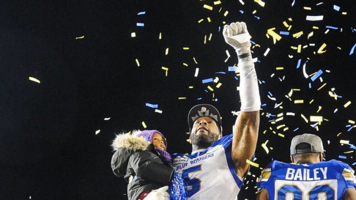 Willie Jefferson #5 of the Winnipeg Blue Bombers celebrates after defeating the Hamilton Tiger-Cats during the 107th Grey Cup Championship Game at McMahon Stadium. (Photo by Derek Leung/Getty Images)