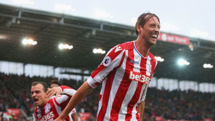 STOKE ON TRENT, ENGLAND - SEPTEMBER 30: Peter Crouch of Stoke City celebrates scoring his sides second goal during the Premier League match between Stoke City and Southampton at Bet365 Stadium on September 30, 2017 in Stoke on Trent, England. (Photo by Alex Livesey/Getty Images)