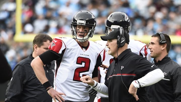 Dec 24, 2016; Charlotte, NC, USA; Atlanta Falcons quarterback Matt Ryan (2) with head coach Dan Quinn on the sidelines in the second quarter at Bank of America Stadium. Mandatory Credit: Bob Donnan-USA TODAY Sports
