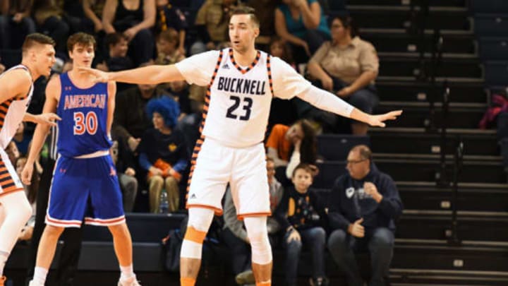 LEWISBURG, PA – DECEMBER 29: Zach Thomas #23 of the Bucknell Bison in position during a college basketball game against the American University Eagles at the Sojka Pavilion on December 29, 2017 in Lewisburg, Pennsylvania. The Bison won 84-55. (Photo by Mitchell Layton/Getty Images)